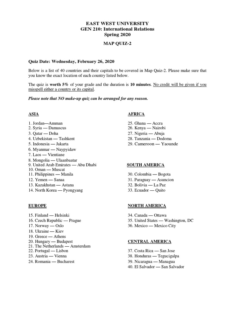 Map Quiz on Countries and Capitals | PDF