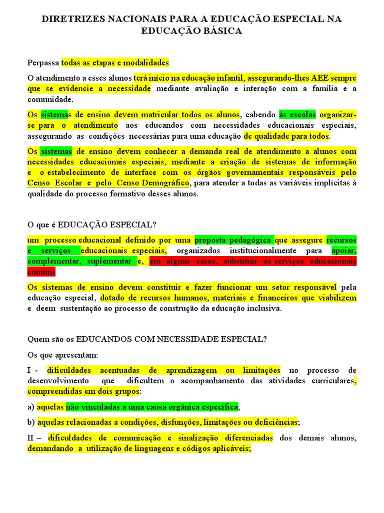 Diretrizes Nacionais para A Educação Especial Na Educação Básica ...