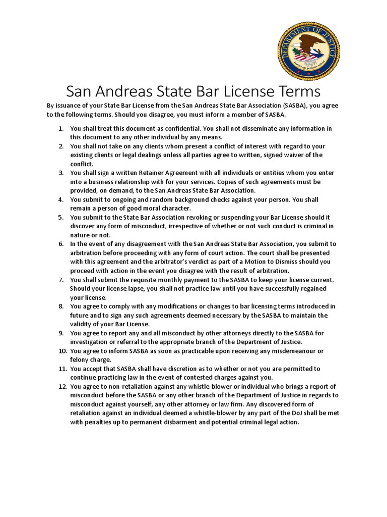 San Andreas State Bar License Terms PDF Whistleblower License