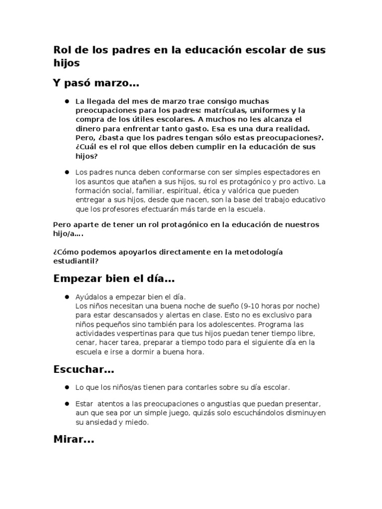 Rol Padres en La Educación Escolar de Sus Hijos | PDF | Dormir ...