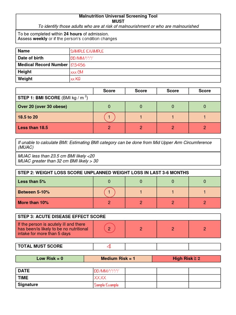 MUST Malnutrition Screening Tool Form | PDF