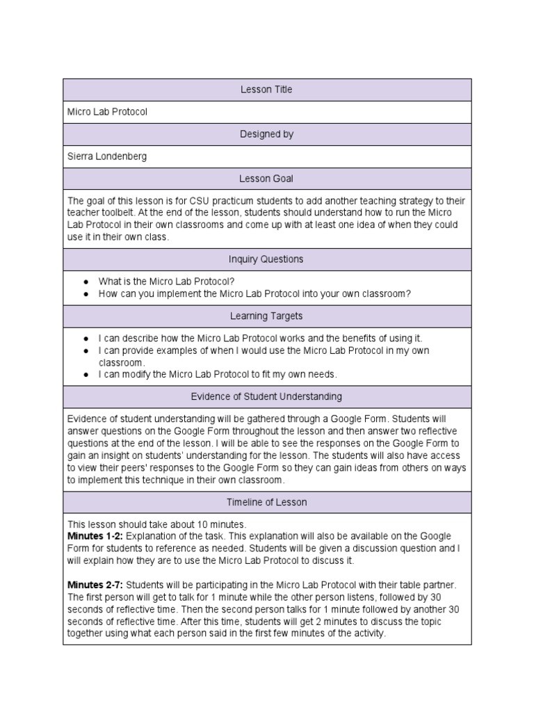 Micro Lab Protocol Lesson PDF Classroom Educational Psychology
