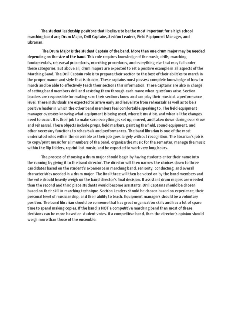 Key Leadership Roles in Marching Band | PDF | Leadership | Human Nature