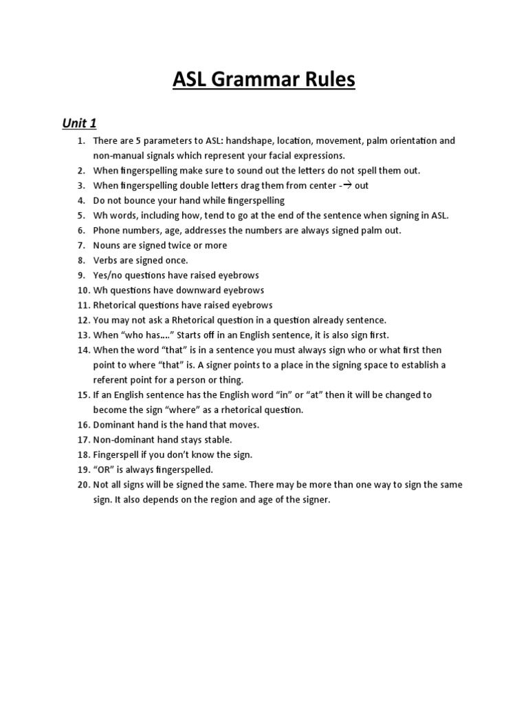 Unit 1 ASL Grammar Rules | PDF | Language Arts & Discipline