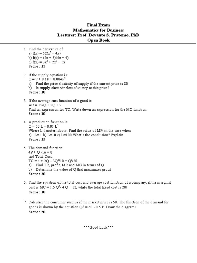 100 Maths Questions for Business Exam | PDF | Science & Mathematics ...