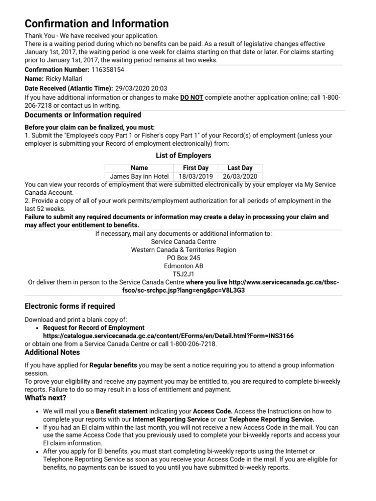 Confirmation and Information - Application For Employment Insurance