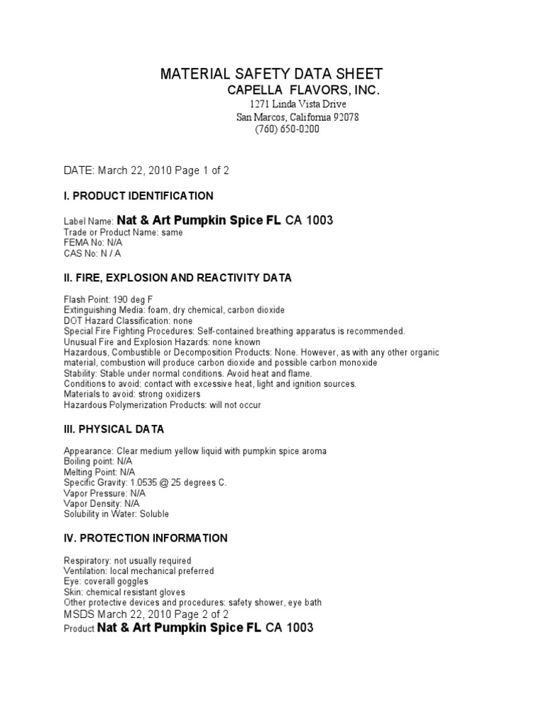 CA1003 Pumpkin Pie (Spice) MSDS | PDF | Fires | Combustion