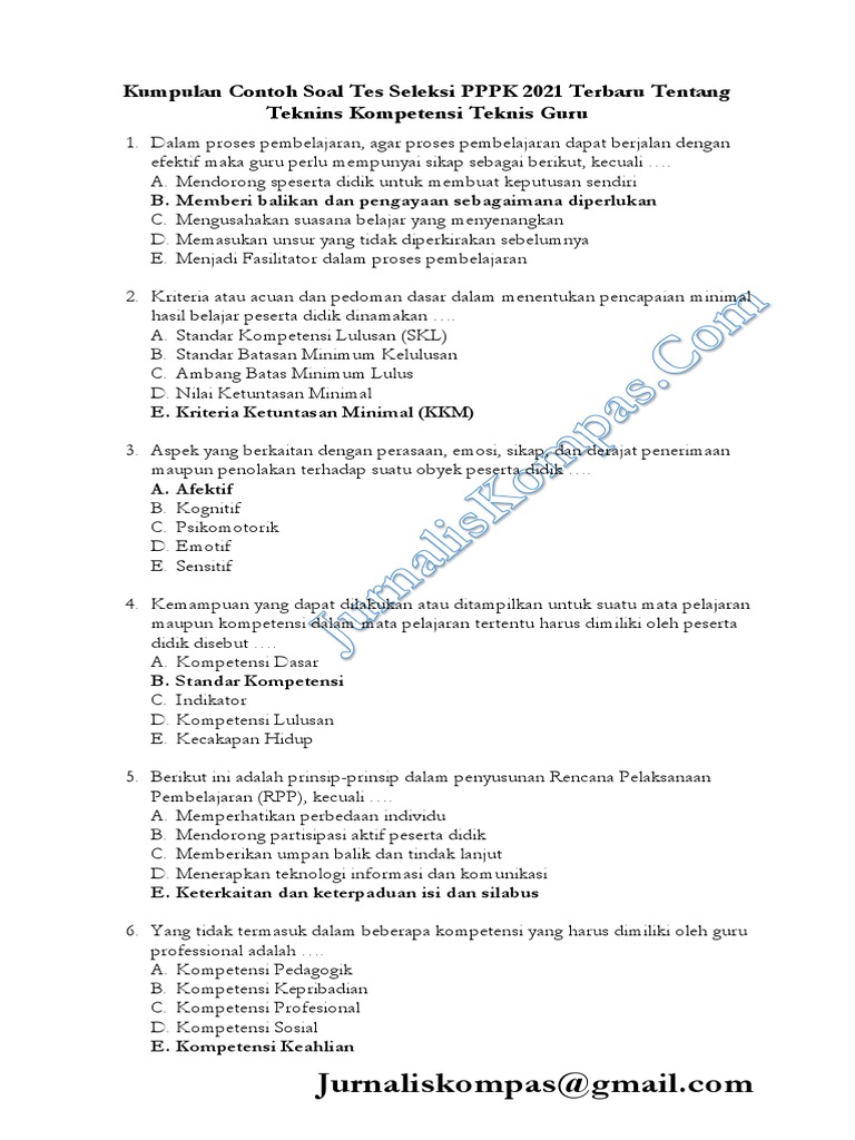 Kumpulan Contoh Soal PPPK Terbaru 2021 Tentang Kompetensi Teknis Guru | PDF