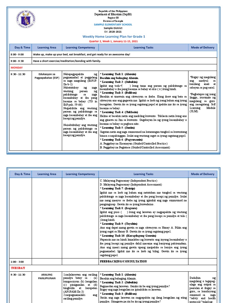 Grade 1 All Subjects WHLP q2 w2 | PDF
