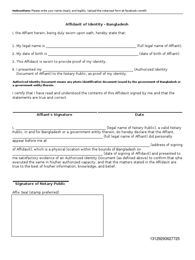 Affidavit of Identity Bangladesh PDF Affidavit Notary Public