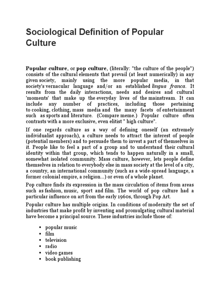 Understanding Popular Culture Defined | PDF | Popular Culture | Mass Media