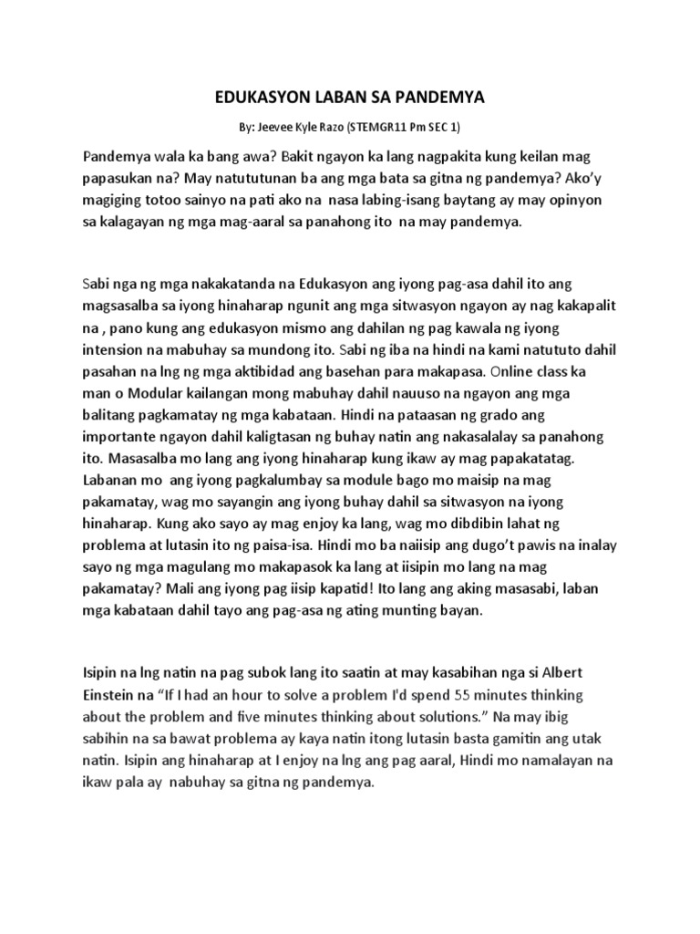 Halimbawa Ng Sanaysay Tungkol Sa Edukasyon Sa Gitna Ng Pandemya