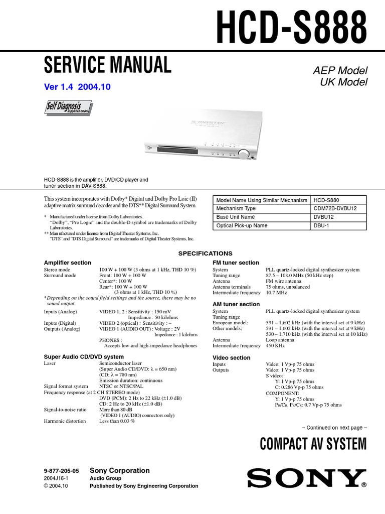Sony HCD-S888 Service Manual (P.N. - 987720505) | PDF | Sound