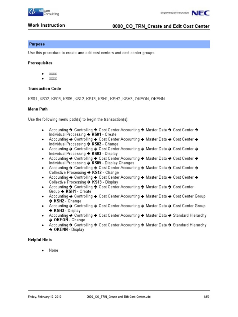 0000 - CO - TRN - Create and Edit Cost Center | PDF | Menu (Computing ...