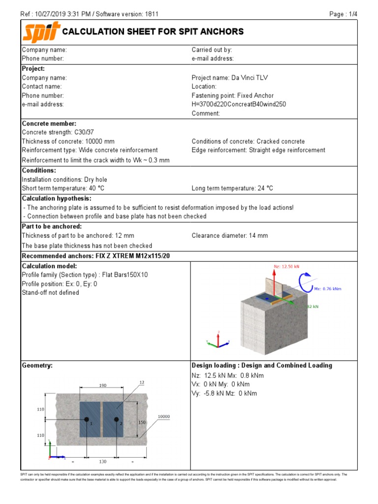 Calculation Sheet for Spit Anchors | PDF | Mechanical Engineering ...