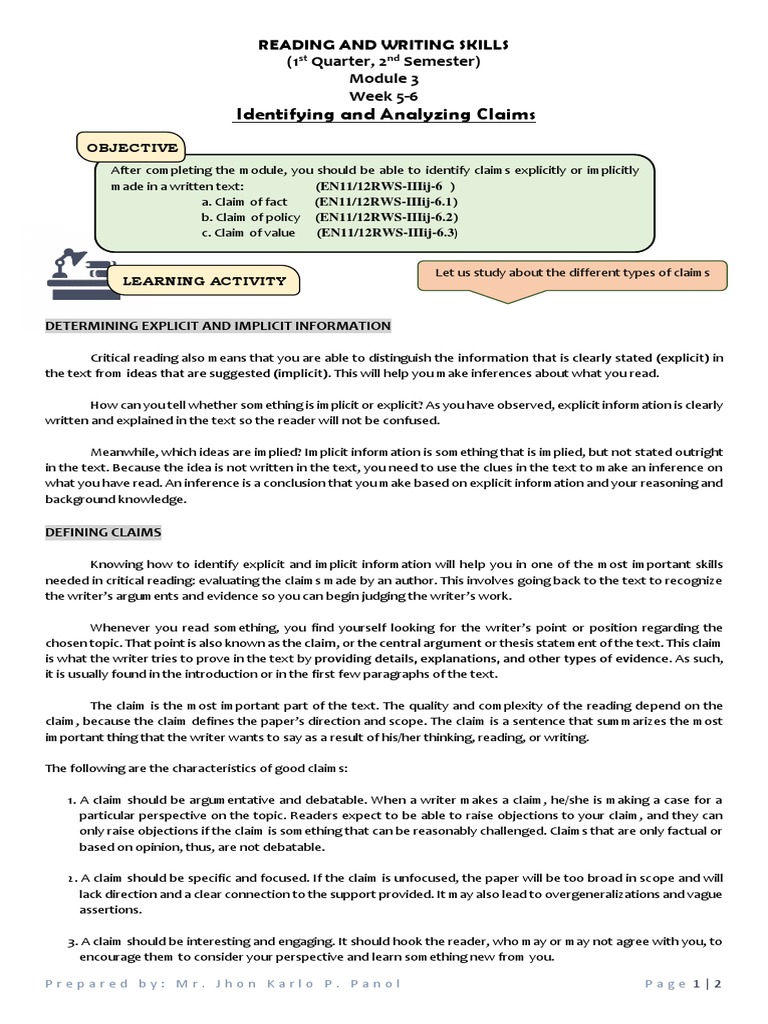 Identifying and Analyzing Claims Reading and Writing Skills (1 Quarter