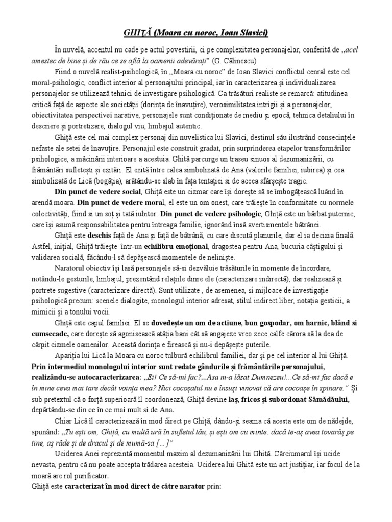 Moara Cu Noroc Caracterizare Ghita Moara Cu Noroc - Ghita - Caracterizare | PDF