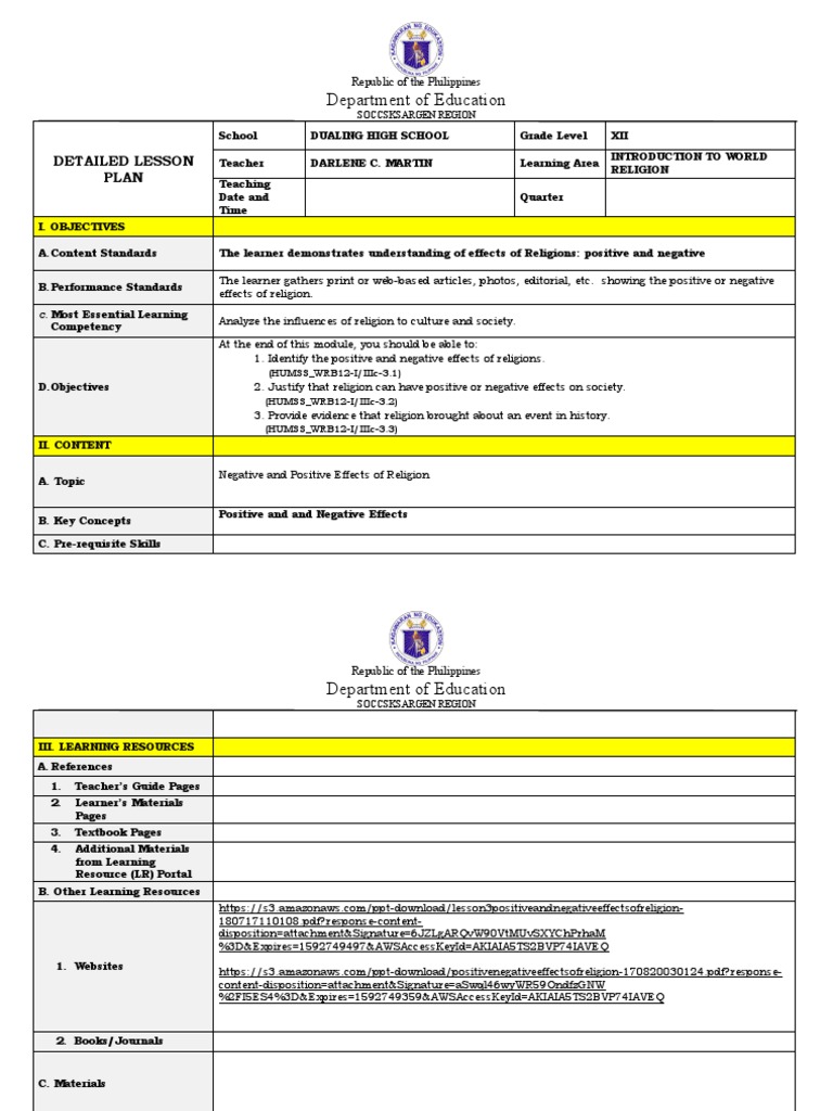 Department of Education: Detailed Lesson Plan | PDF | Learning | Atheism