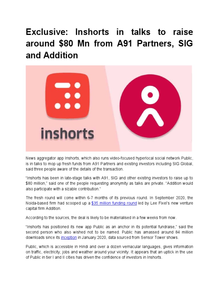 Exclusive - Inshorts in Talks To Raise Around $80 MN From A91 Partners ...