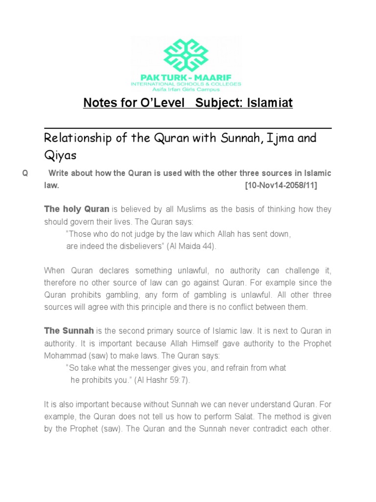 The Interrelationship between the Quran, Sunnah, Ijma, and Qiyas as the