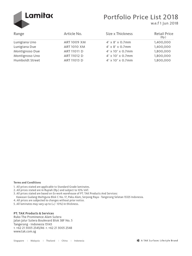 Portfolio Price List 2018 W.E.F 1 Jun 2018 Range Article No. Size X