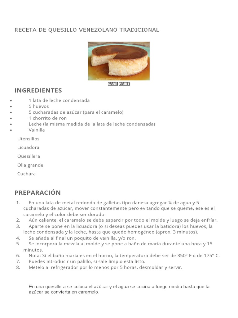 RECETA DE QUESILLO en Ingles PDF Alimentos Cocina
