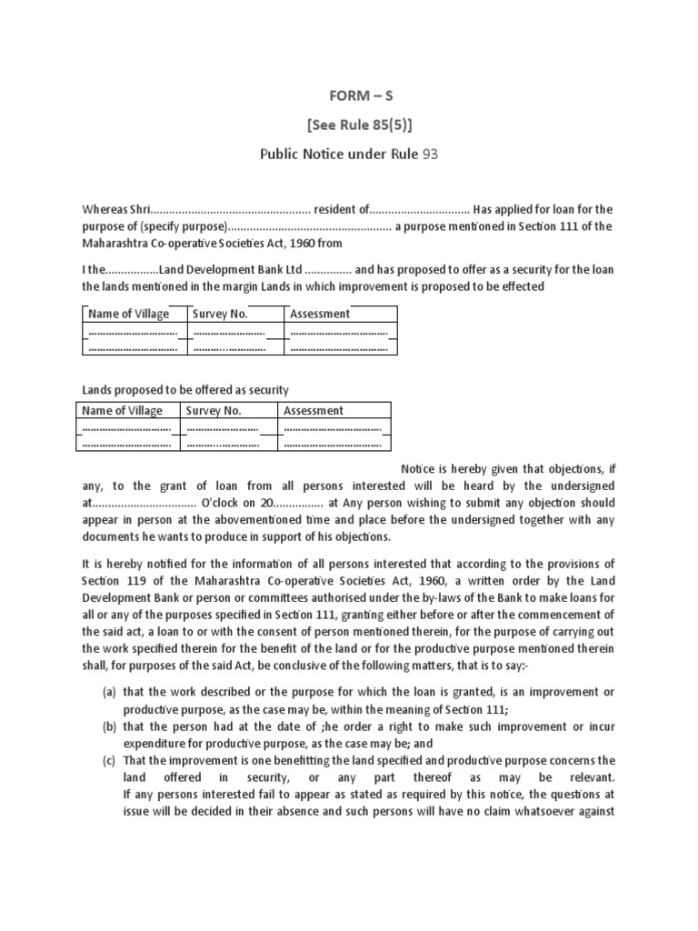 Public Notice Under Rule 93: Form - S (See Rule 85 (5) ) | PDF | Loans ...