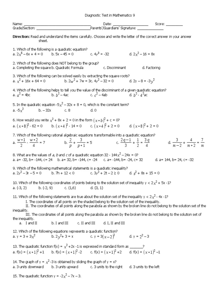 Diagnostic Test in Mathematics 9 PDF Rectangle Quadratic Equation