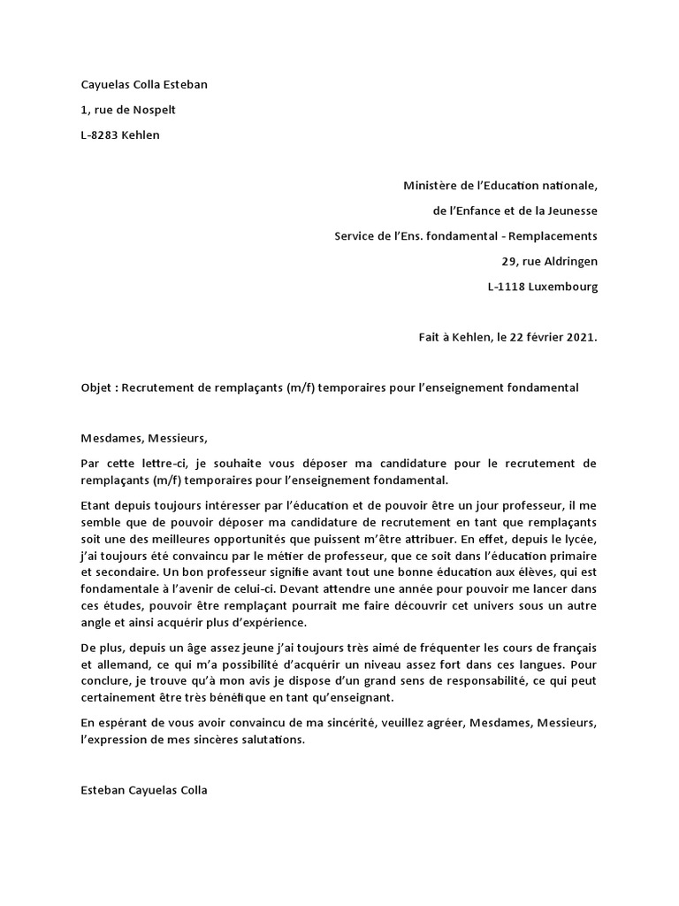 Lettre de Motivation Remplaçant PDF