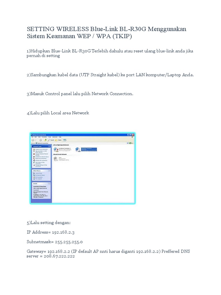 Panduan Setting WIRELESS Blue-Link BL-R30G | PDF