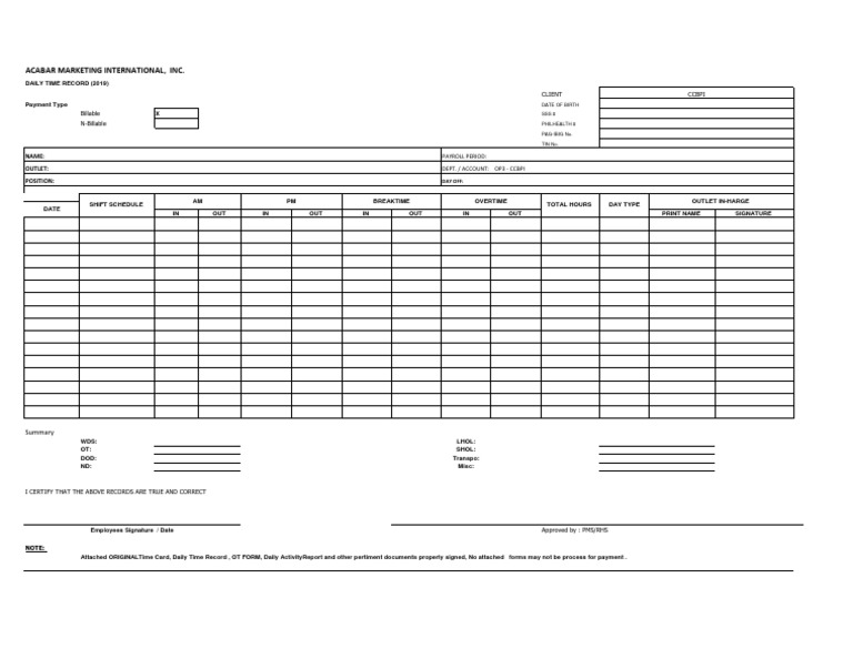 DTR Form PDF Employee Relations Payments
