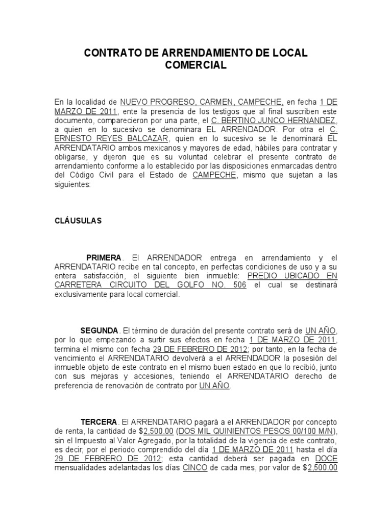 CONTRATO DE ARRENDAMIENTO DE LOCAL COMERCIAL
