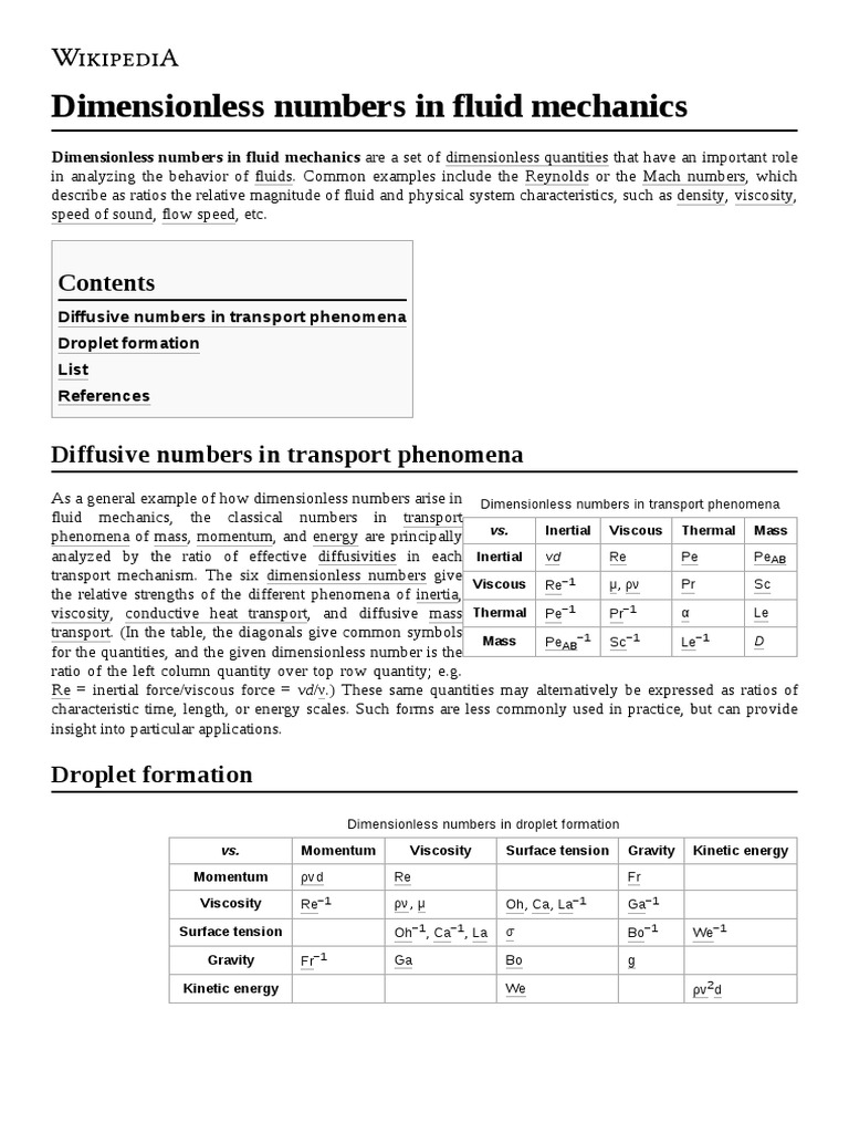 Dimensionless Numbers in Fluid Mechanics PDF Fluid Dynamics Viscosity