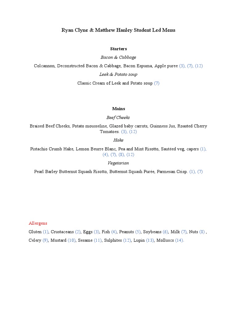 Student Led Menu 1 | PDF