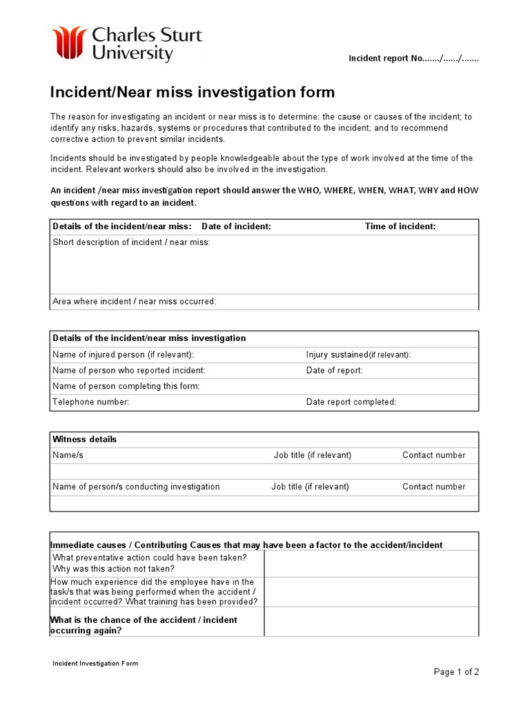 Incident/Near Miss Investigation Form | PDF | Safety | Accident (General)