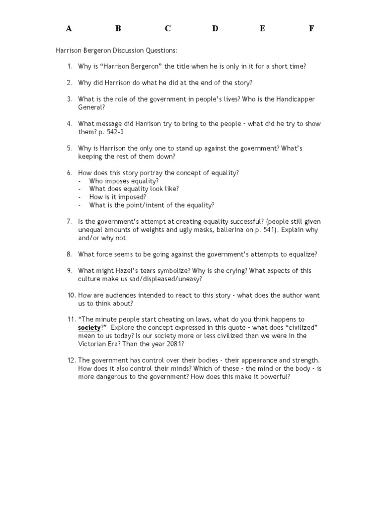 Discussion Questions on Harrison Bergeron | PDF | Politics | Social Science