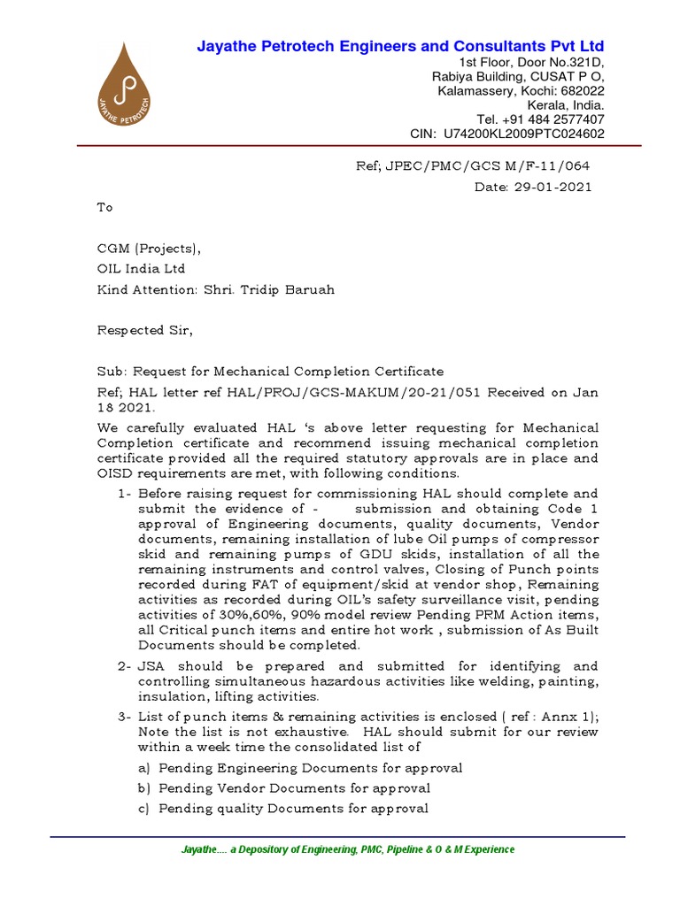 Mechanical Completion Certificate Request | PDF | Mechanical ...