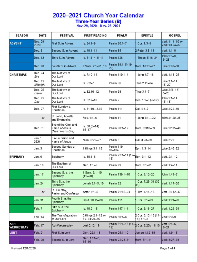 Lcms Calendar 2022 Lcms 2020 2021 Church Year Calendar Three Year Series B | Pdf | Liturgical  Year | Nativity Of Jesus