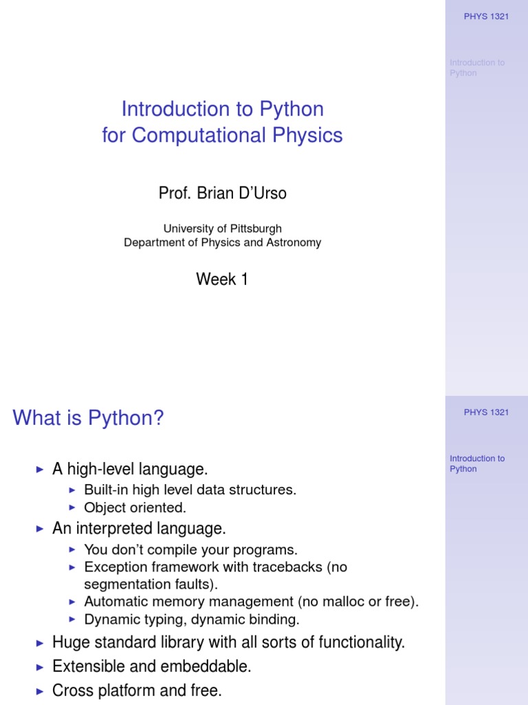 Introduction To Python For Computational Physics: Prof. Brian D'Urso | PDF