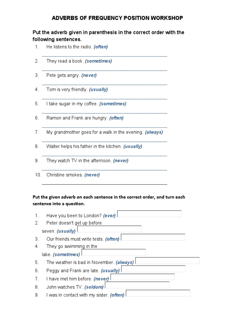 Adverbs of Frequence Position Workshop | PDF
