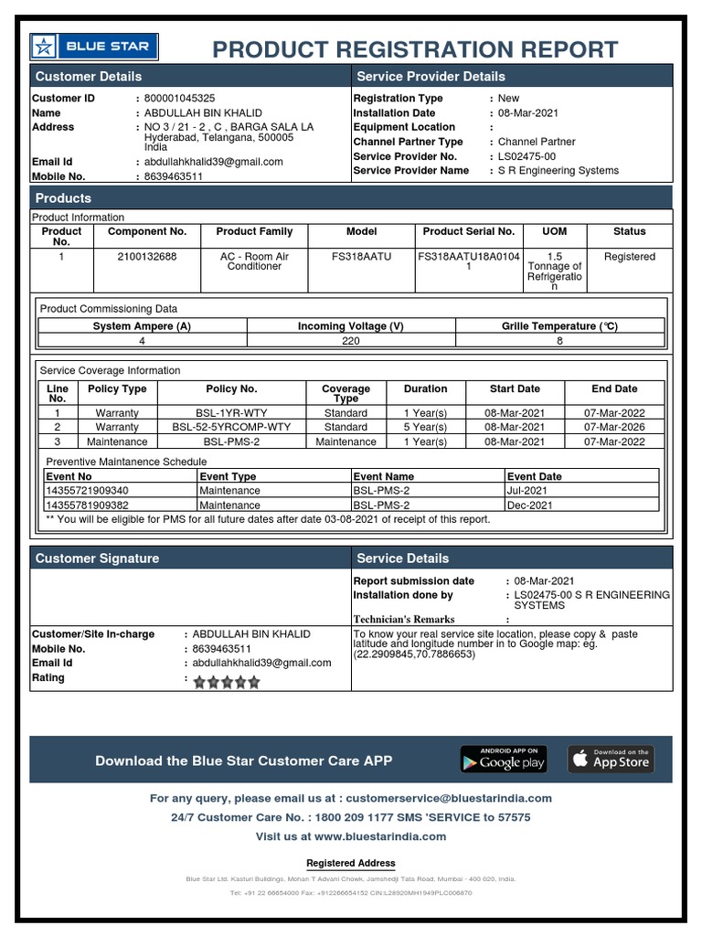 Blue Star AC Warranty Registration Report | PDF | Computing | Business