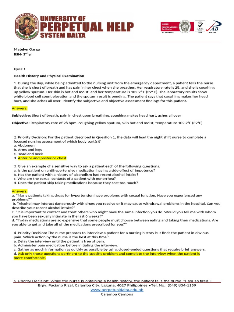 Health HX and Physical Exam Quiz 1 (OARGA) PDF Physical Examination