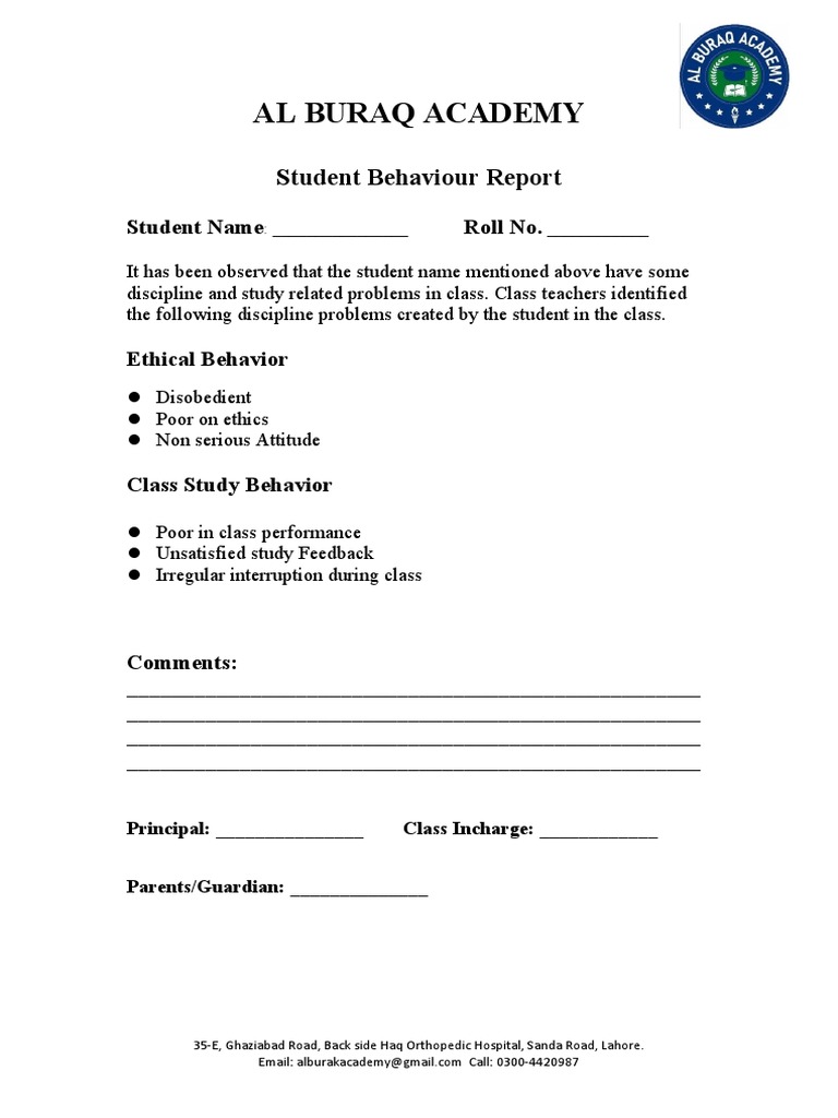 Student Discipline Report - Al Buraq Academy | PDF | Career & Growth | Art
