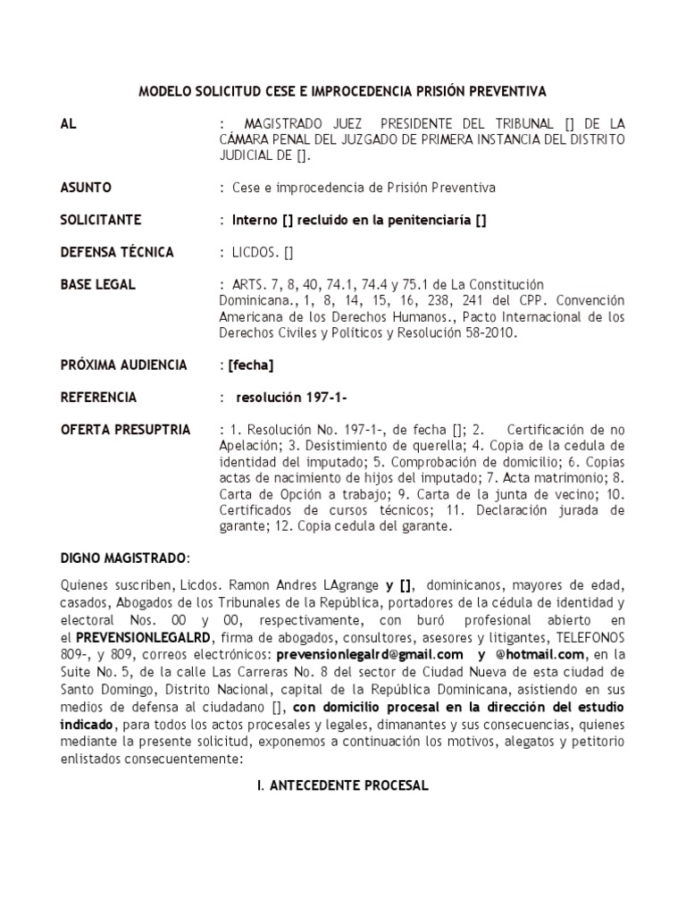 Modelo Solicitud Cese E Improcedencia Prision Preventiva Pdf Prision Derecho Penal
