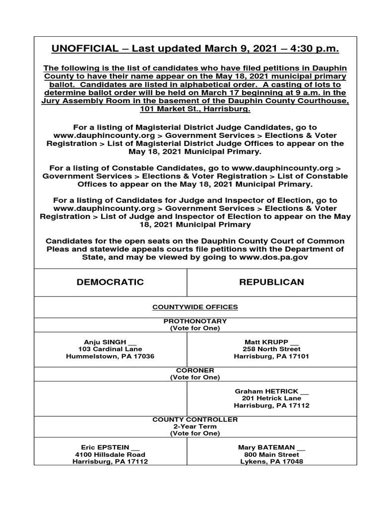 Dauphin County Election Filings PDF Harrisburg Voting