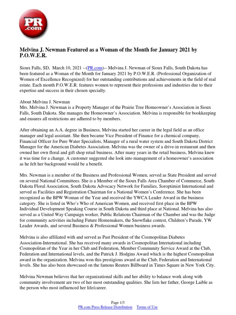 Melvina J Newman Featured As A Woman Of The Month For January 21 By P O W E R Public Sphere Communication