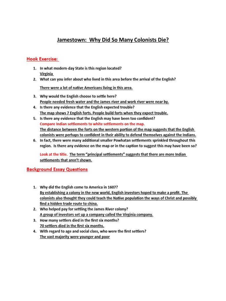 Jamestown DBQ Hook and Background Essay Questions PDF