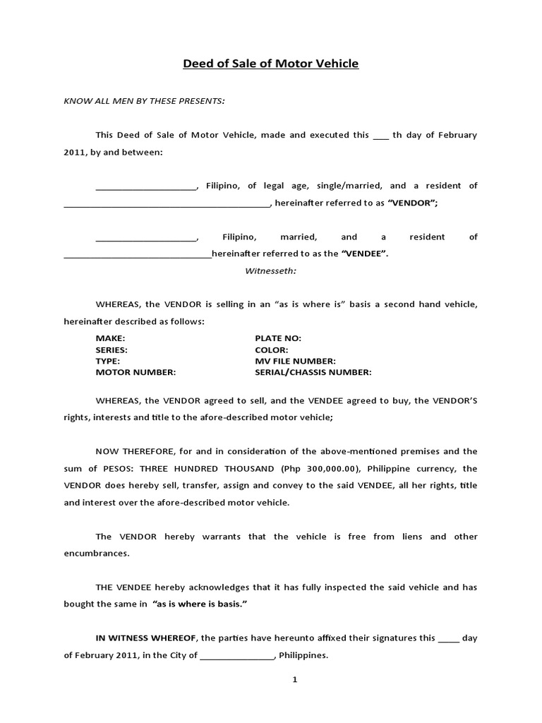 Deed of Sale of Motor Vehicle DRAFT