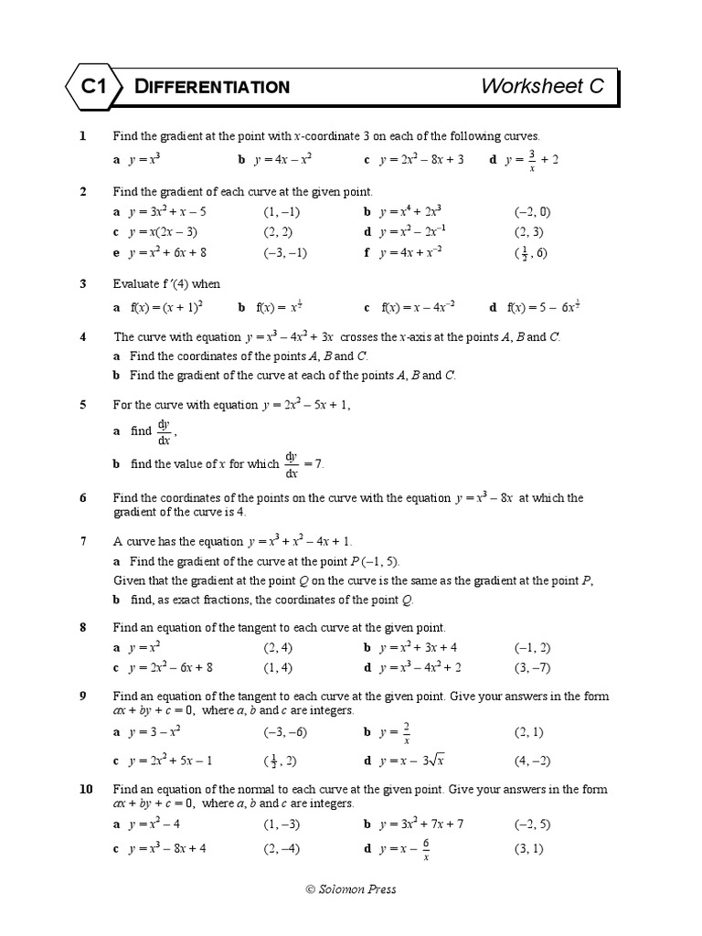 Worksheet C: Ifferentiation | PDF | Tangent | Gradient
