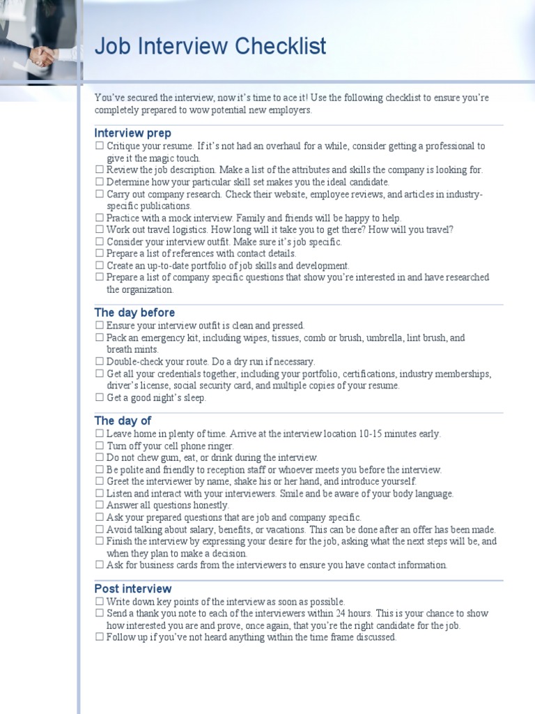 Job Interview Checklist | Descargar gratis PDF | Interview | Job Interview